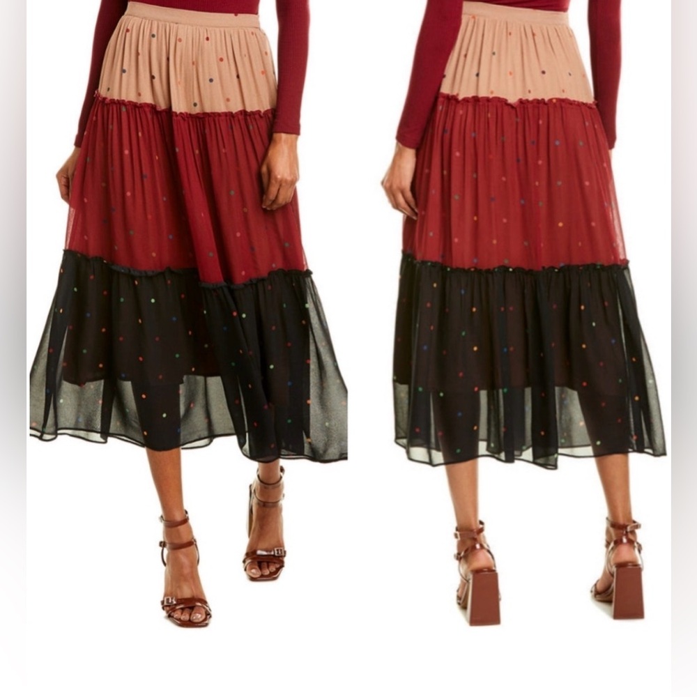Farm Rio Women's Mixed Dots Maxi Skirt Multi Tiered Color Blocked Sheer Overlay